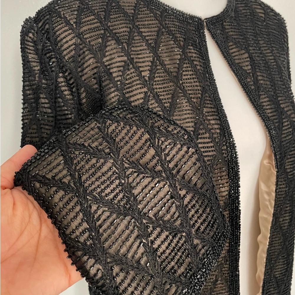 90s Elegant Black Beaded Black Tie Oleg Cassini Evening Jacket - Picture 4 of 6